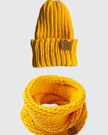 Komin i czapka z wełny merynosa handmade ŻÓŁTY, HisOutfit