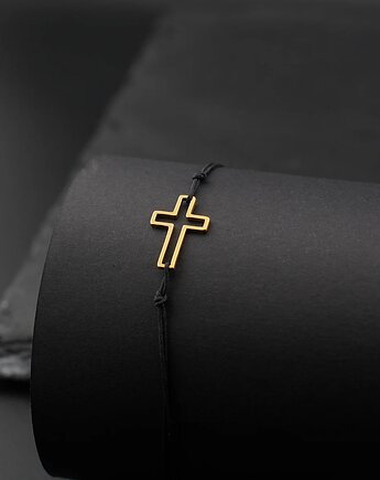 Bransoletka na czarnym sznurku z pozłacanym krzyżykiem, Aurum Deluxe