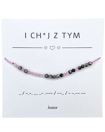 Bransoletka z alfabetem Morse Labradoryt, Kwarc różowy, karolina kosior
