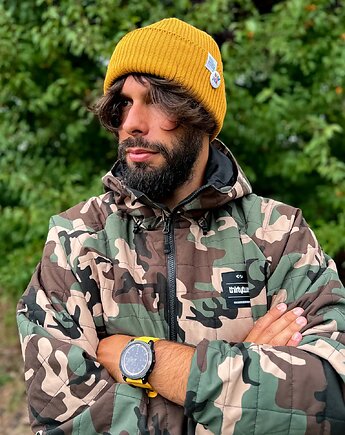 Męska czapka beanie z bawełny logo kolorowe Miodowa musztarda, Brain Inside