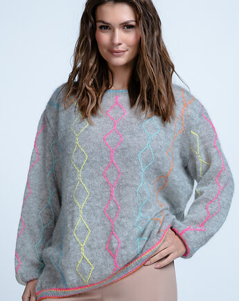 Lekki kolorowy sweter mgiełka z wełny alpaki F1843 Szary, FOBYA
