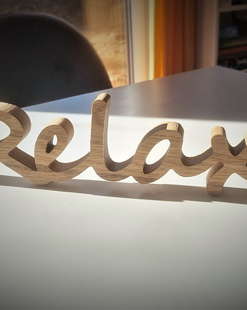 Drewniany napis Relax, dębowy, z drewna, Drewniane dodatki