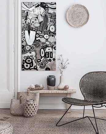 Ręcznie malowany 45x90 cm, srebrna wariacja pocałunku Klimta, raspberryEM