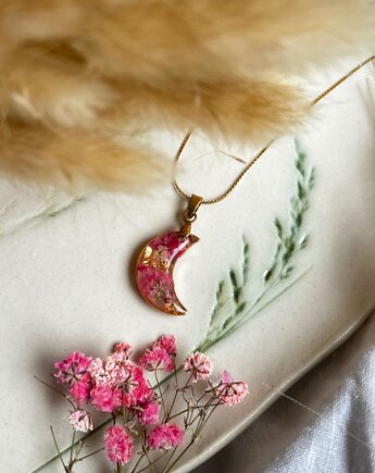 Naszyjnik Księżyc z różowymi kwiatami gipsówki, Blask Natury