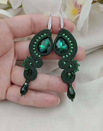 Długie szmaragdowe ciemnozielone butelkowe kolczyki soutache, Soutacheria