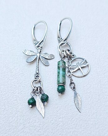 Kolczyki srebrne Asymetryczne Zielone Ważki, ILEA