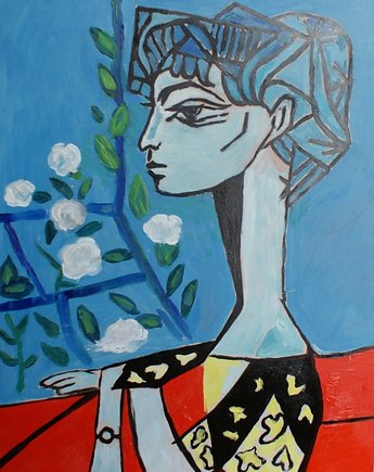 Kolorowy obraz olejny do salonu Pablo Picasso Jacqueline z kwiatami, alice oil on canvas
