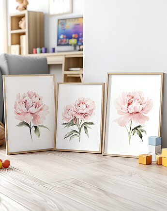 Pastelowe Różowe Piwonie - Zestaw trzech grafik botanicznych, Paperblue Studio