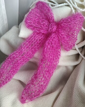 Kokarda spinka kokardka broszka różowa kokarda z jedwabiem SILKY BOWIE, Po.dziergane