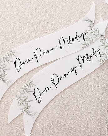 Wstęgi drukowane Dom Panny Młodej i Dom Pana Młodego eleganckie liście, Planneo