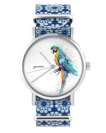 Zegarek - Papuga turkusowa - niebieski, kwiaty, yenoo