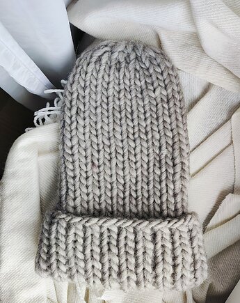 Wełniana czapka na drutach WOOLLY szara, Po.dziergane