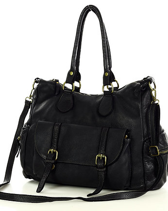 Kuferek torba damska na ramię z kieszeniami skóra  - czarna, Marco Mazzini