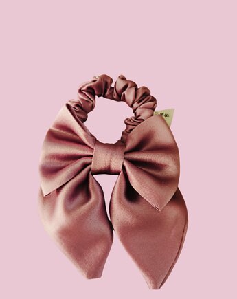 Gumka jedwabna, scrunchie, frotka z kokardą brudny róż, Capillum