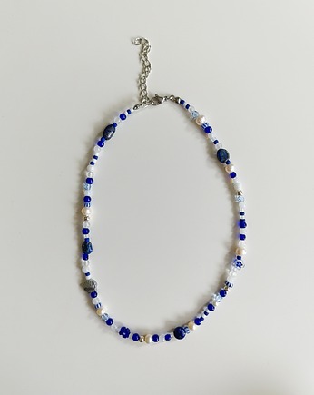 Granatowy naszyjnik lapis lazuli hematyt muszelka lato choker, Lwie Jwlr