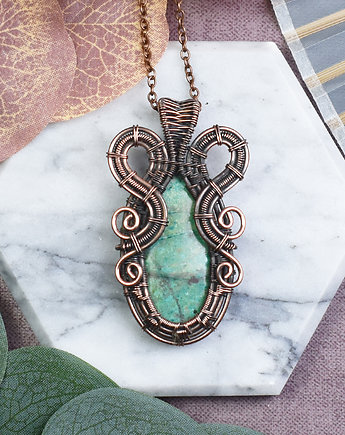 Miedziany wisiorek wire wrapping z szatukitem #527, Spirit Of Copper