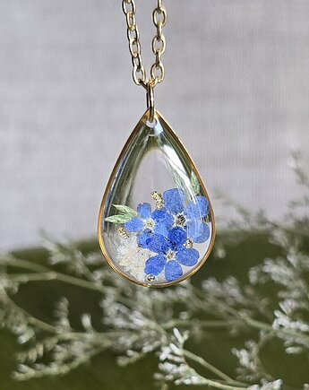 Złoty wisiorek prawdziwe kwiaty zawieszka łezka łza niezapominajki