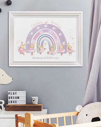 Króliczki Baletnice Metryczka dla dziewczynki Tęcza Obrazek do pokoju dziecka, Słonikowe Atelier