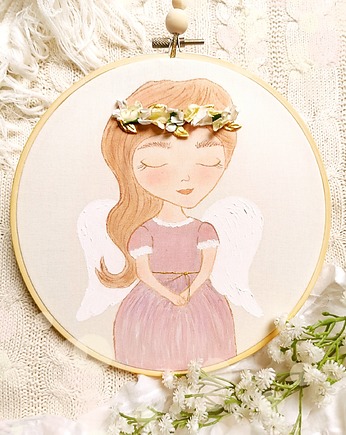 Obrazek anioł z wiankiem z kwiatów, pamiątka I Komunii dla dziewczynki, gingerolla