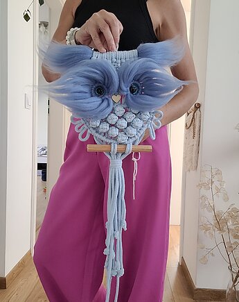 Sowa z makramy, dekoracja ścienna boho niebieska, MiAdi