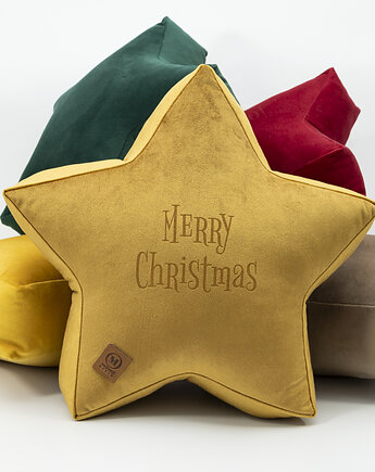 Poduszka dekoracyjna gwiazdka, świąteczna velvetowa - grawer MERRY CHRISTMAS, Mama Otula