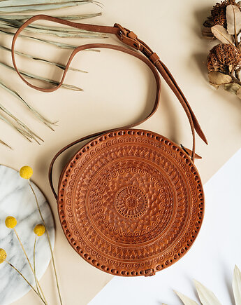 Torebka skórzana ręcznie robiona góralska okrągła Carmen Duża, SempreArte