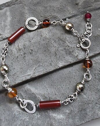 Karneol, bursztyn, piryt - bransoletka, RayOfArt