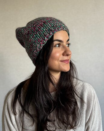 Kolorowa duża czapka beanie z wełną i alpaką, Zasznurowane