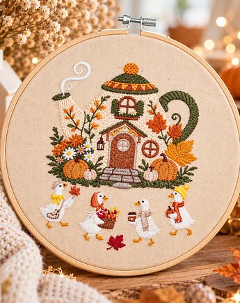 Jesienne gąski,haft w tamborku ok 20 cm średnicy, Plasun