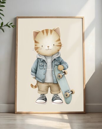 Plakat Kot Z Deskorolką Na Ścianę Dla Dzieci, Magnetyczne Studio