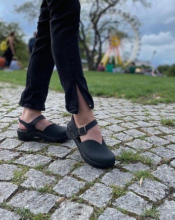 Sandały drewniaki ze skóry i drewna, MKclogs