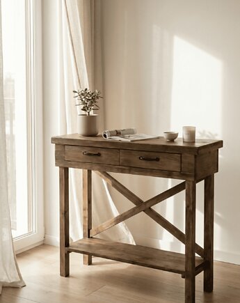 Vintage Regał, Komoda, retro 2 szuflady brąz Antyczny z X na tylnej ściance, PiorunowoSzafa