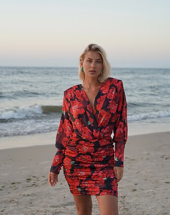 CS - Czarna szyfonowa sukienka w czerwone PEONIE, CS