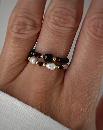 Zestaw dwóch pierścionków elastycznych czarny turmalin perła, Bring Biżuteria