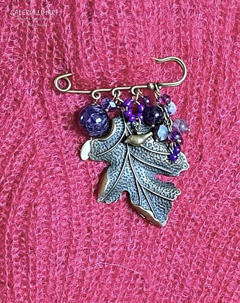 Broszka niezwykła na agrafce w modnym stylu Boho handmade ametystowo-złota, Galeria Limart