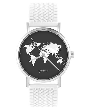 Zegarek - Mapa świata - silikonowy, biały, OKAZJE - Prezenty na 18 dla chłopaka