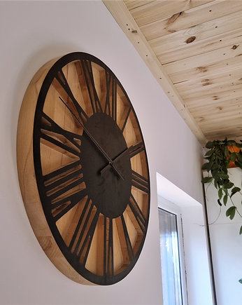 Ogromny zegar z litego drewna, 55cm, drewniany czarny, Drewniane dodatki