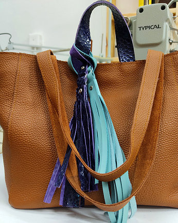 Skórzany, karmelowy shopper z frędzlami - Jane, beautifulthings