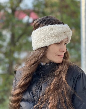 Opaska boucle z wełny owczej i alpaki kremowa biel, Made by Jaga