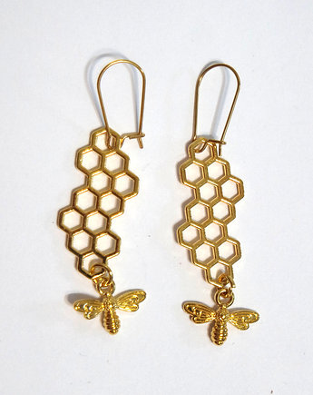 Kolczyki wiszące, złote - Plaster miodu, pszczoła, yenoo