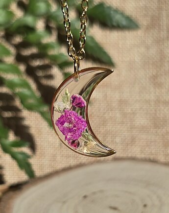 Złoty wisiorek złota zawieszka księżyc suszone kwiaty, zkwiatem