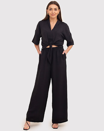 Czarne spodnie z szerokimi nogawkami i elastyczną talią TRA038 BLACK, AX Paris