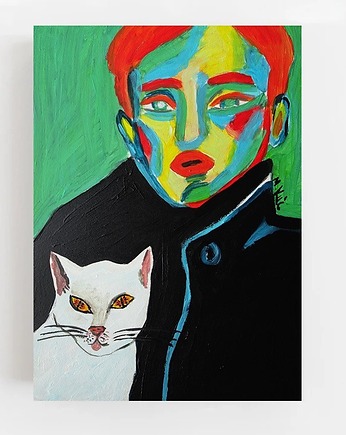 Kolorowy obraz  kotek z dżentelmenem, alice oil on canvas