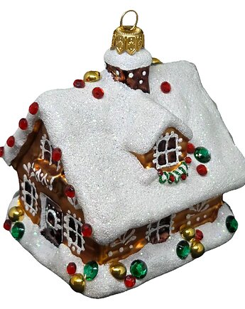 Ręcznie malowana szklana bombka świąteczny domek z kryształkami, STARGLASS