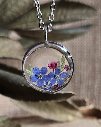 Wisiorek z suszonymi kwiatami bukiet kwiatowy niezapominajki, zkwiatem