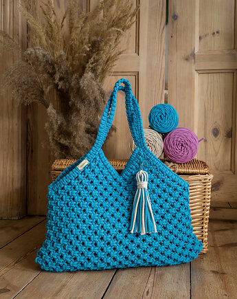 Makramowa torebka Beach Bag M lazur, Poplecione Makramy
