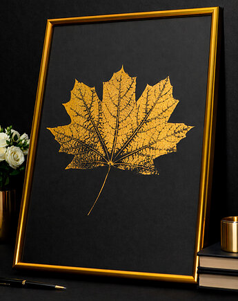 Plakat Złoty Liść Klonu. Monotypia Botaniczna. Złota Rama Alu 20x30 cm, Kuźnia Obrazów