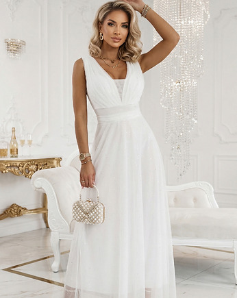 637-8 Długa sukienka maxi z brokatowym akcentem i głębokim dekoltem - ecru, NUMOCO