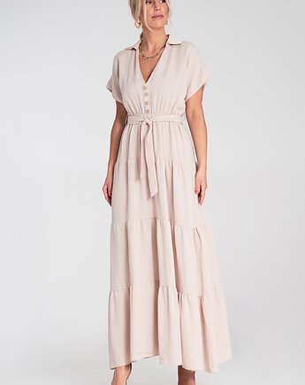 Długa sukienka maxi oversize z dekoltem w serek i krótkim rękawem - M1195, FIGL
