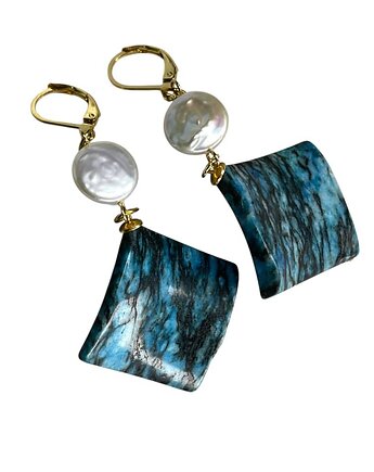 Kolczyki pozłacane z perłami i jaspisowymi rombami, Artseko